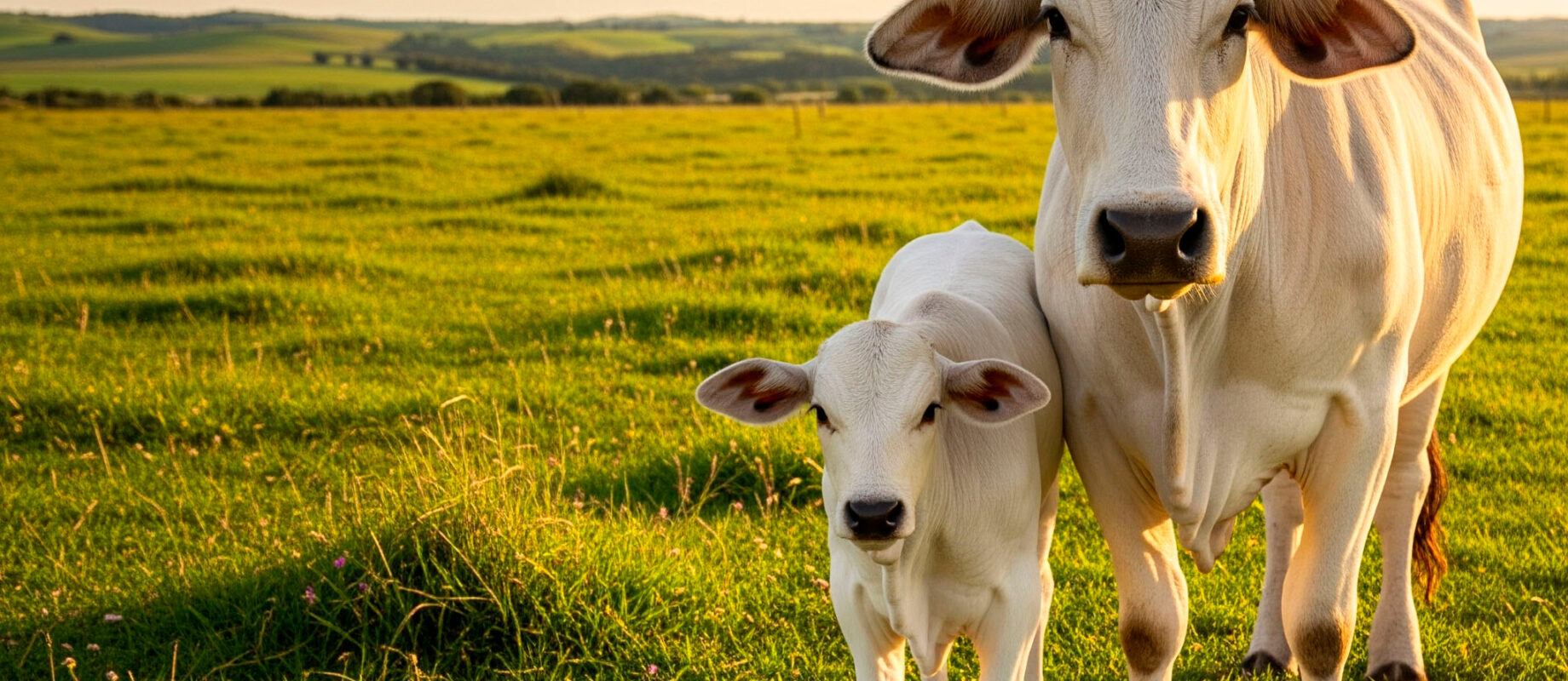 A cow next to a Nelore calf in the right corner on green pasture in the field